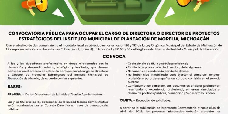 Lanza IMPLAN Morelia convocatoria para la Dirección de Proyectos Estratégicos*