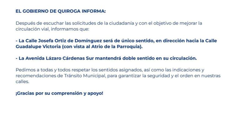 Mejora Gobierno de Quiroga la circulación vial con medidas responsables y viables