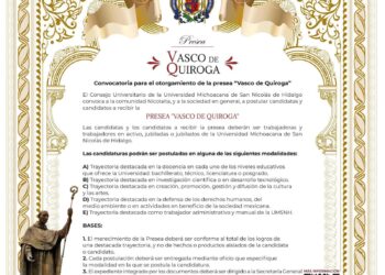 Lista la convocatoria de la Presea “Vasco de Quiroga”; UMSNH invita a participar con propuestas
