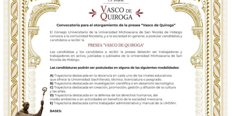 Lista la convocatoria de la Presea “Vasco de Quiroga”; UMSNH invita a participar con propuestas